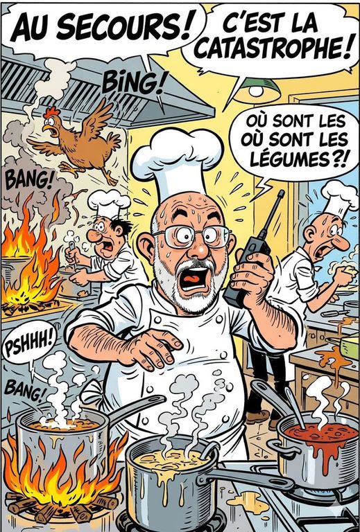 Planche de bande dessinée humoristique : le chef débordé en cuisine, « Au secours ! C'est la catastrophe ! »