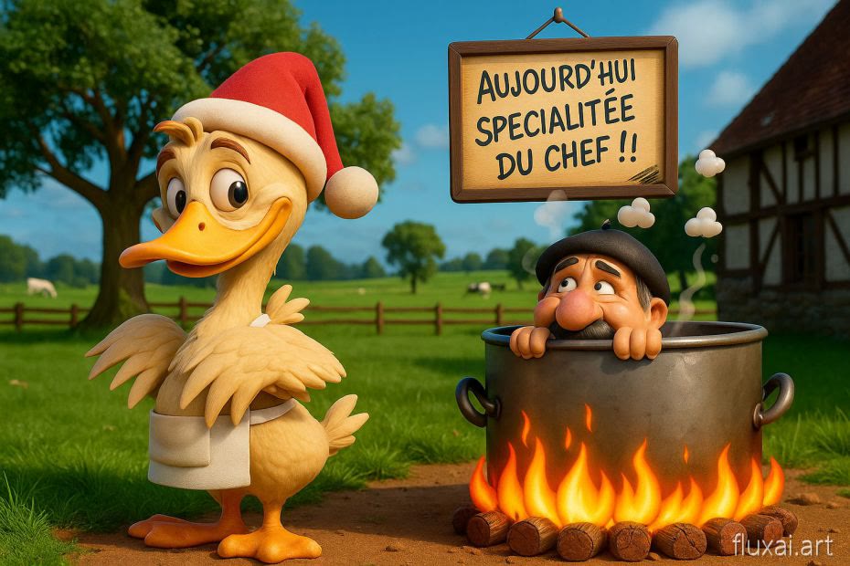 Dessin humoristique : un canard en tablier devant le patron qui mijote dans la marmite, « Aujourd'hui spécialité du chef »