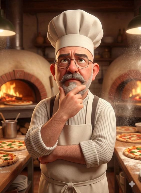 Illustration d'un chef pensif devant le four à pizza